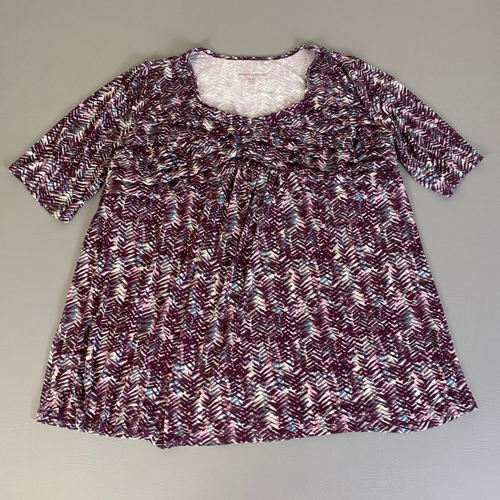 Jessica London Tunic Top Blouse Plus Size 18/20 Purple Pullover 3/4 Sleeve Print